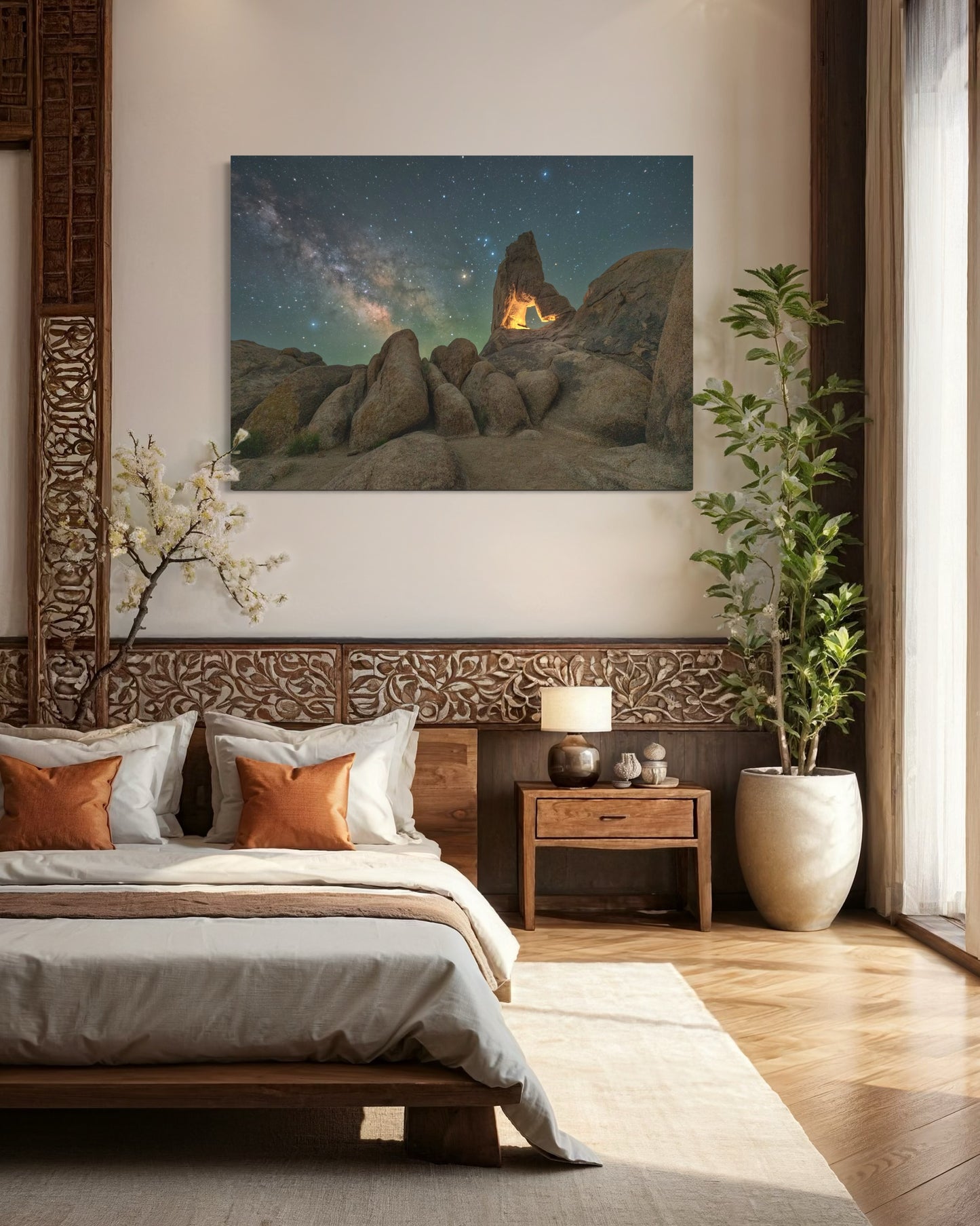 Stone and Stardust milky way photo print hanging on bedroom wall